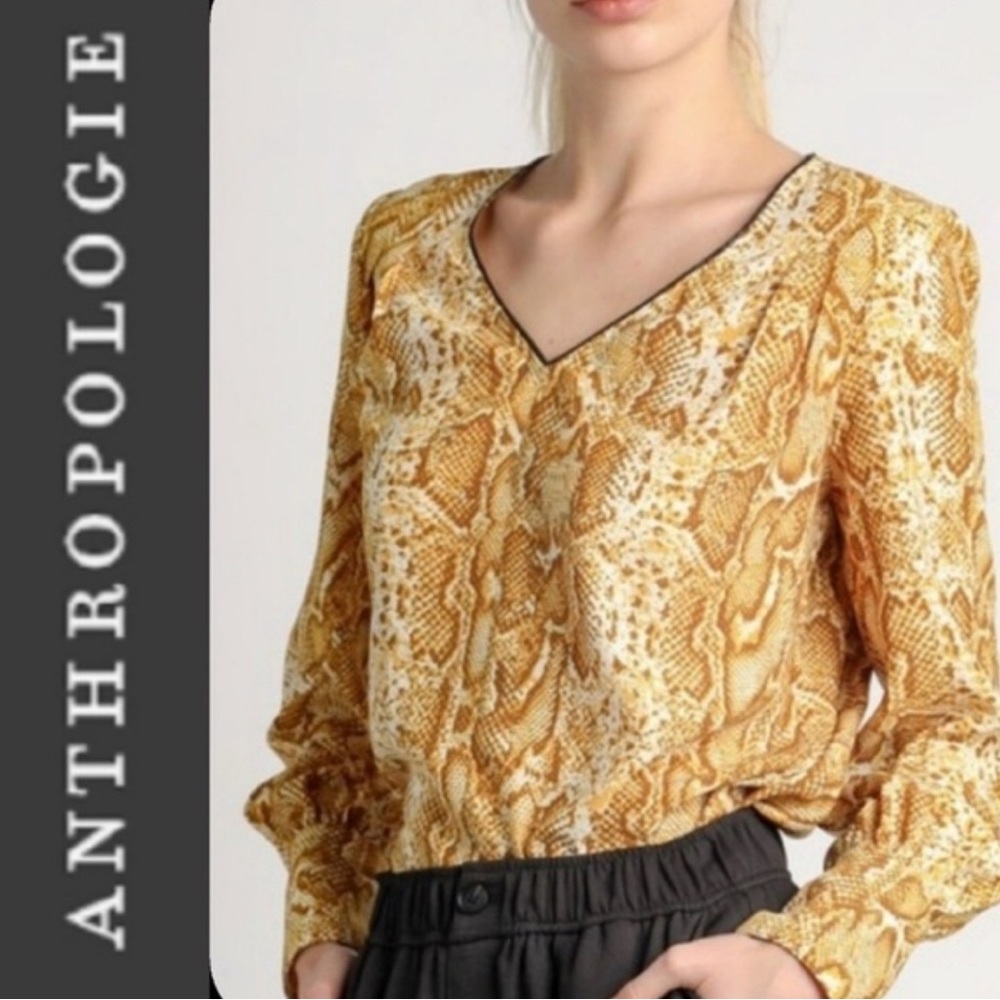 Anthropologie Current Air Sz M Snakeskin Animal Print Long Sleeve V Neck Blouse